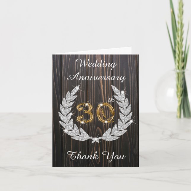Rustic Wood Diamond Laurel 30th Anniversary Thank You Card (Front)