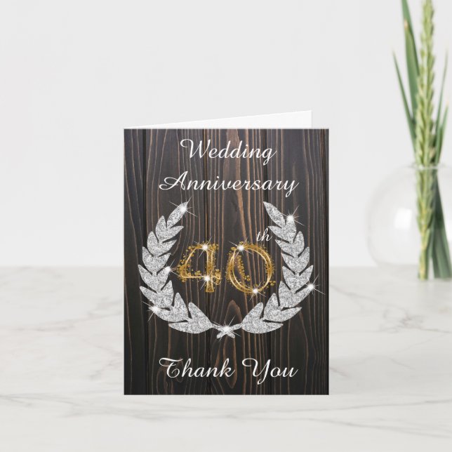 Rustic Wood Diamond Laurel 40th Anniversary Thank You Card (Front)