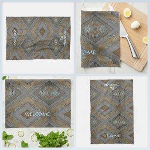 Rustic Wood Diamond Pattern Brown Blue Cabin Tea Towel