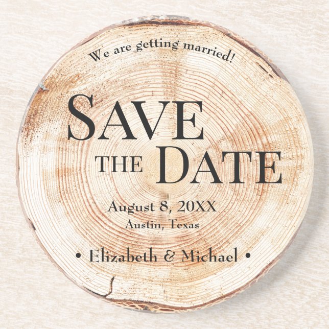 Rustic Wood Disc Save The Date Personalised Coaster (Front)