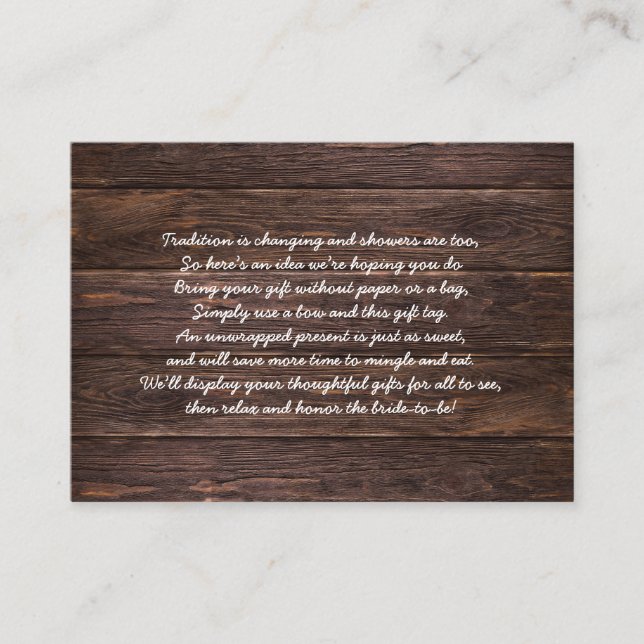 Rustic Wood Display bridal shower insert card tag (Front)