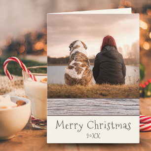 Rustic Wood Dog and Owner Photo Merry Christmas Holiday Card