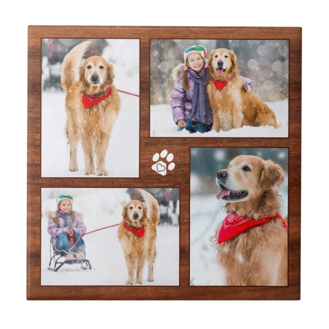 Rustic Wood Dog Lover Photo Collage Tile (Front)