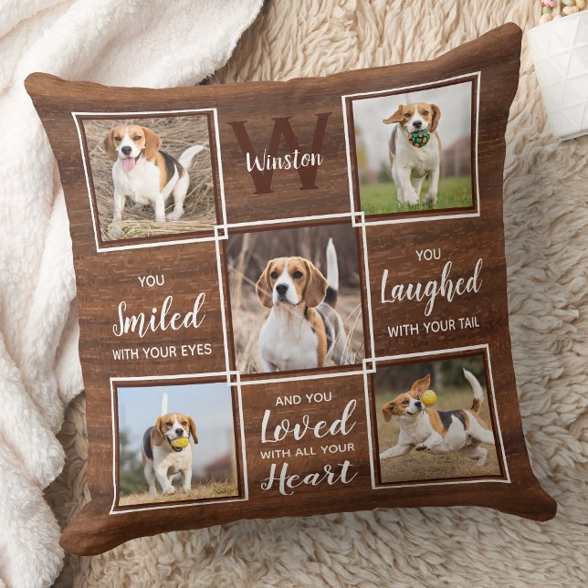 Rustic Wood Dog Memorial Keepsake 5 Photo Collage Cushion (Creator Uploaded)
