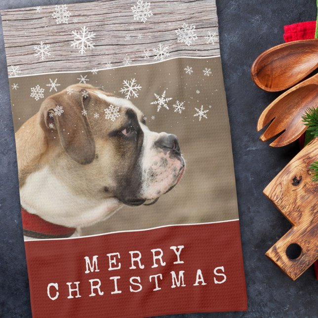 Rustic Wood Dog Pet Photo Snowflakes Christmas Tea Towel (Creator Uploaded)