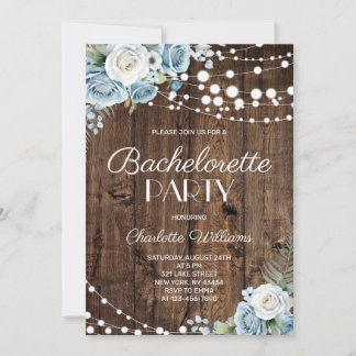 Rustic Wood Dusty Blue Floral Bachelorette Party  Invitation