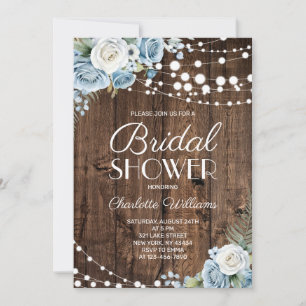Rustic Wood Dusty Blue Floral Bridal Shower Invitation