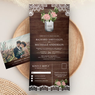 Rustic Wood Dusty Pink Rose Mason Jar Lace Wedding Tri-Fold Invitation