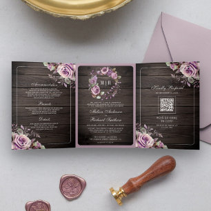 Rustic Wood Dusty Purple Floral QR Code Wedding Tri-Fold Invitation