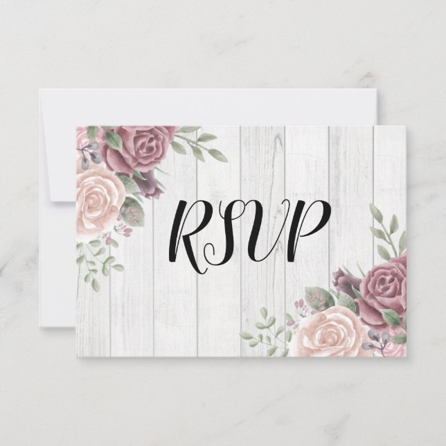 Rustic Wood Dusty Rose Watercolor Floral  RSVP Card (Front)