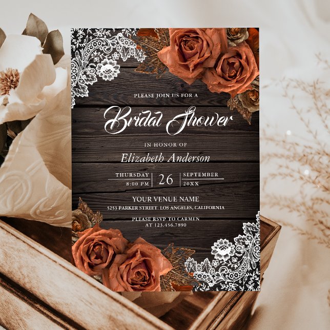 Rustic Wood Dusty Terracotta Rose Bridal Shower Invitation (Creator Uploaded)