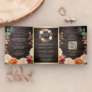 Rustic Wood Earthy Floral Wreath QR Code Wedding Tri-Fold Invitation