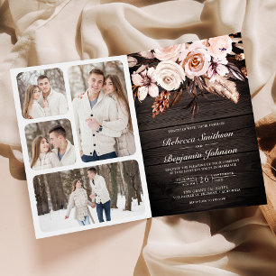 Rustic Wood Earthy Ivory Floral QR Code Wedding Invitation