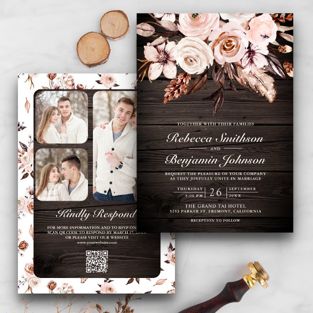 Rustic Wood Earthy Ivory Floral QR Code Wedding Invitation (Creator Uploaded)