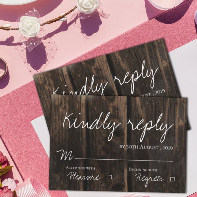 Rustic Wood Elegant Script  Wedding RSVP Card (Creator Uploaded)