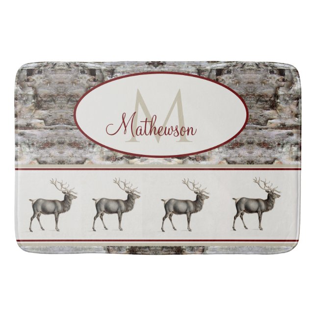 Rustic Wood Elk/ Reindeer Family Monogram tan grey Bath Mat (Front)