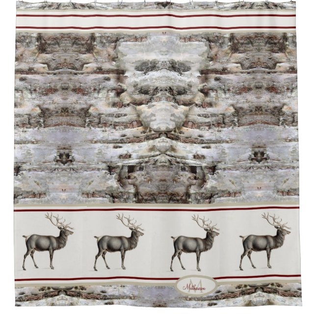 Rustic Wood Elk/ Reindeer Family Monogram tan grey Shower Curtain (Front)