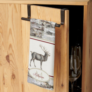 Rustic Wood Elk/ Reindeer Family Monogram tan grey Tea Towel
