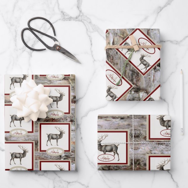 Rustic Wood Elk/ Reindeer Family Monogram tan grey Wrapping Paper Sheet (Front)