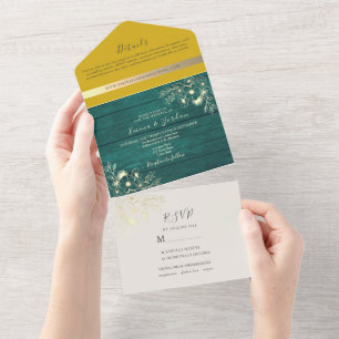 Rustic Wood Emerald Green and Yellow Wedding All In One Invitation