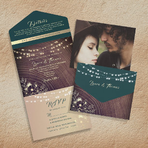 Rustic Wood Emerald Green Wedding All In One Invitation