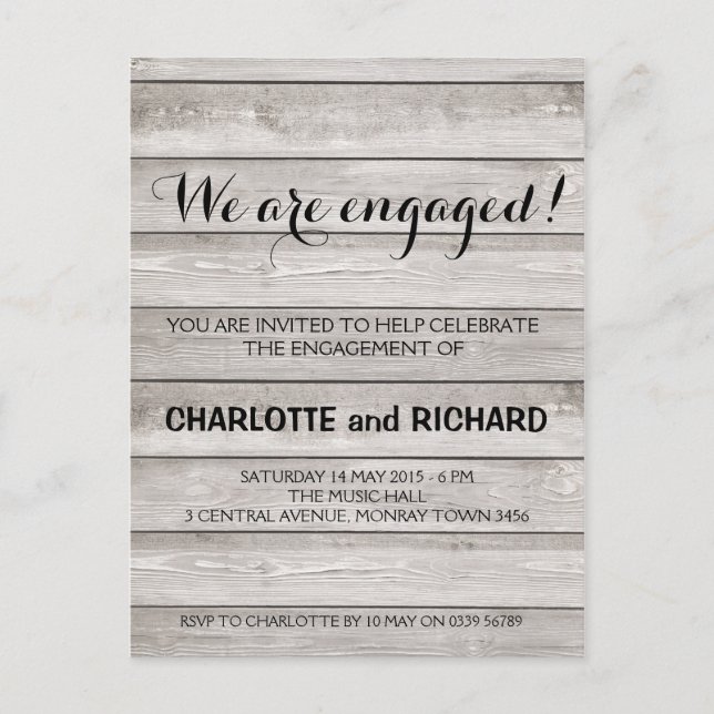Rustic wood engagement party invitation postcard (Front)