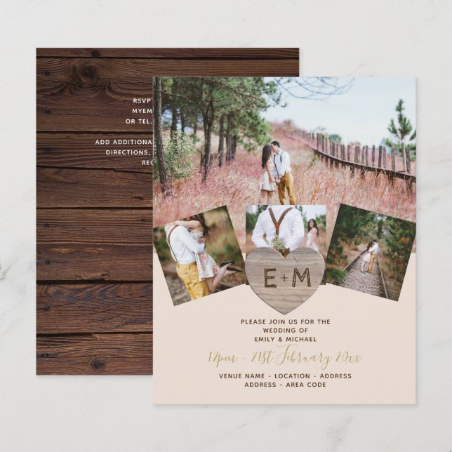Rustic Wood Engraved Heart PHOTO COLLAGE BUDGET (Front/Back)