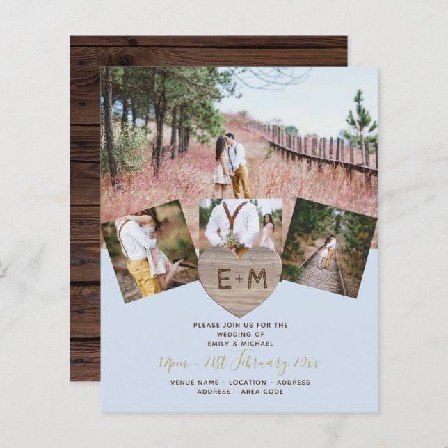 Rustic Wood Engraved Heart PHOTO COLLAGE BUDGET  (Front/Back)