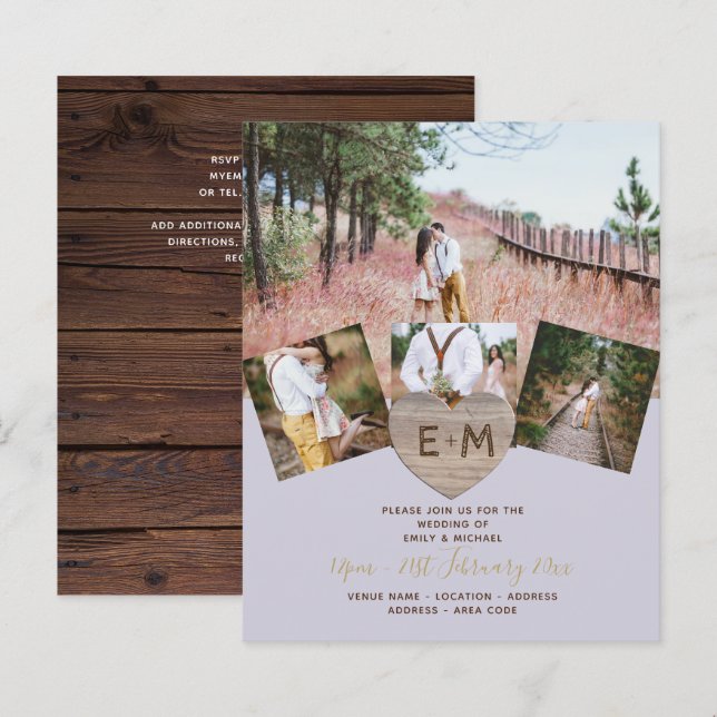 Rustic Wood Engraved Heart PHOTO COLLAGE  Invitati (Front/Back)