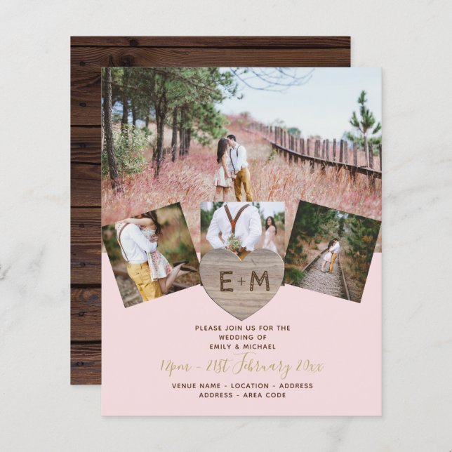 Rustic Wood Engraved Heart PHOTO COLLAGE  Invitati (Front/Back)
