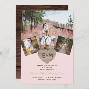 Rustic Wood Engraved Heart PHOTO COLLAGE Invitation