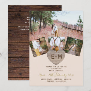 Rustic Wood Engraved Heart PHOTO COLLAGE   Invitation