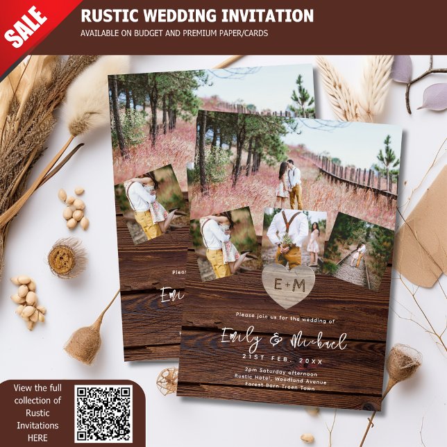 Rustic Wood Engraved Heart PHOTO COLLAGE WEDDINGs Invitation (Creator Uploaded)