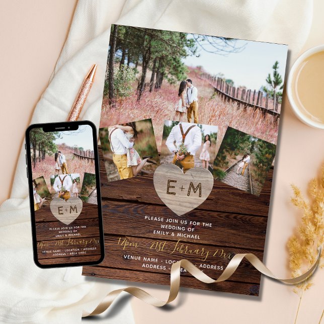 Rustic Wood Engraved Heart PHOTO COLLAGE WEDDINGs  Invitation (Creator Uploaded)