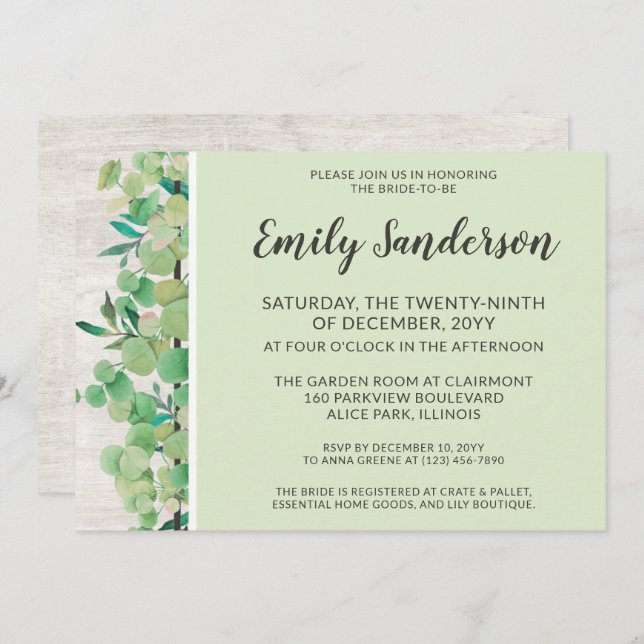 Rustic Wood & Eucalyptus Botanical Bridal Shower Invitation (Front/Back)