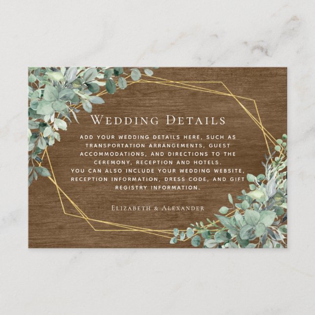 Rustic Wood Eucalyptus Gold Wedding Details Enclosure Card (Front)