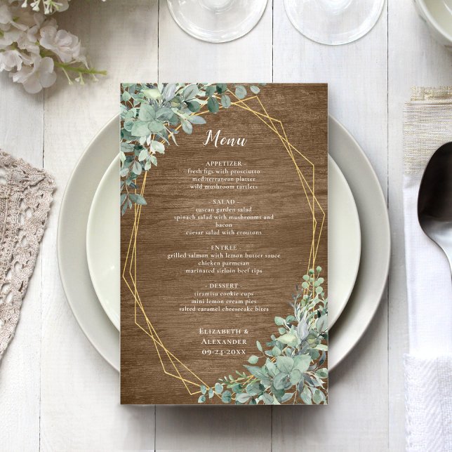 Rustic Wood Eucalyptus Greenery Gold Wedding Menu (Creator Uploaded)