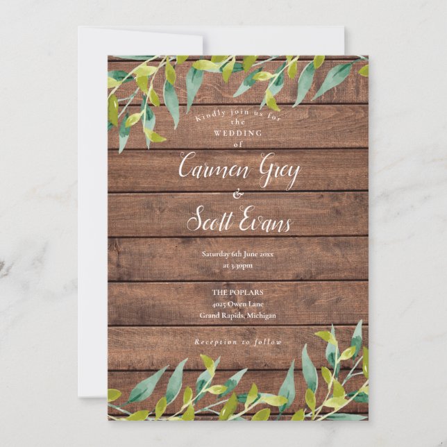 Rustic Wood Eucalyptus Greenery Wedding Invitation (Front)