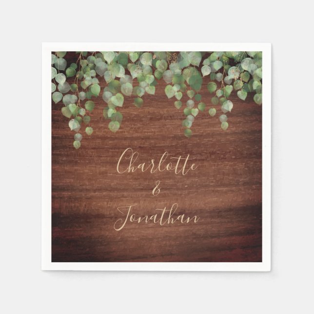 Rustic Wood Eucalyptus Greenery Wedding Napkins (Front)