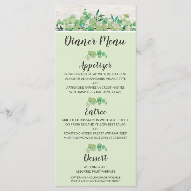 Rustic Wood & Eucalyptus Leaf Botanical Dinner Menu (Front)