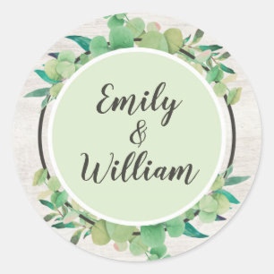 Rustic Wood & Eucalyptus Leaf Botanical Names Classic Round Sticker