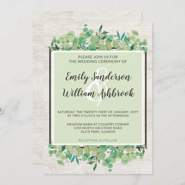 Rustic Wood & Eucalyptus Leaf Botanical Wedding Invitation (Front/Back)