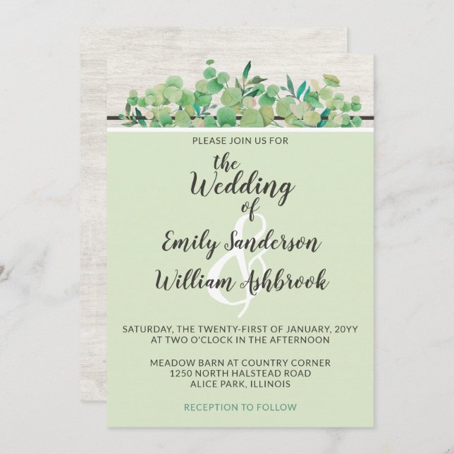 Rustic Wood & Eucalyptus Leaf Botanical Wedding Invitation (Front/Back)