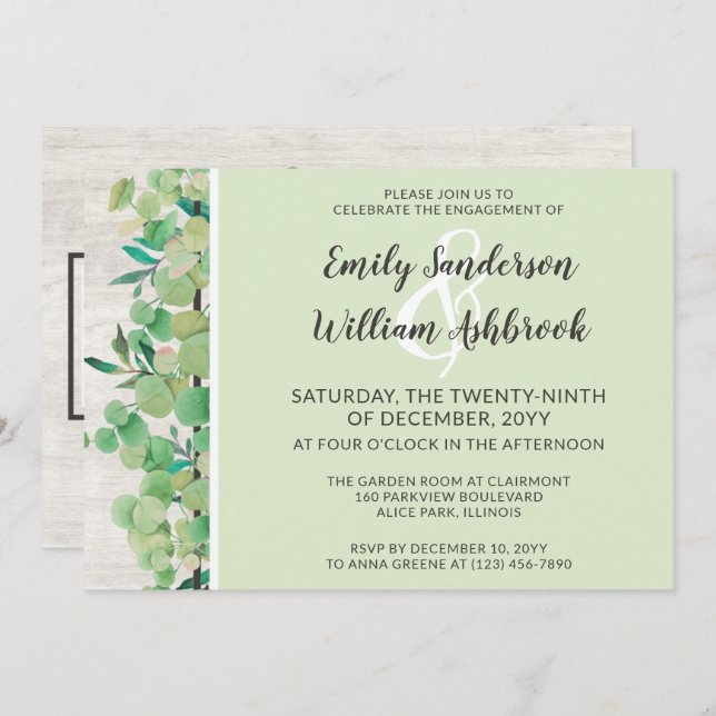 Rustic Wood & Eucalyptus Leaf Engagement Party Invitation (Front/Back)