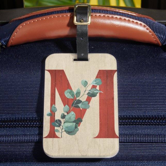 Rustic Wood & Eucalyptus Letter M  Luggage Tag (Front Insitu 2)
