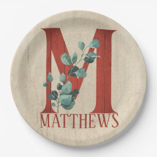 Rustic Wood & Eucalyptus Letter M Personalised Paper Plate