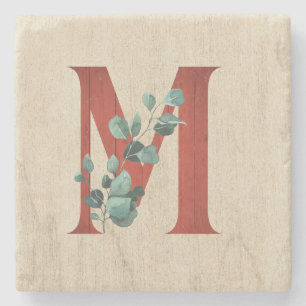 Rustic Wood & Eucalyptus Letter M Stone Coaster