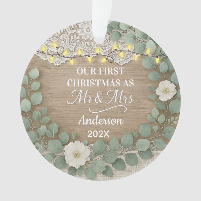 Rustic Wood & Eucalyptus Mr & Mrs Christmas Ornament (Front)