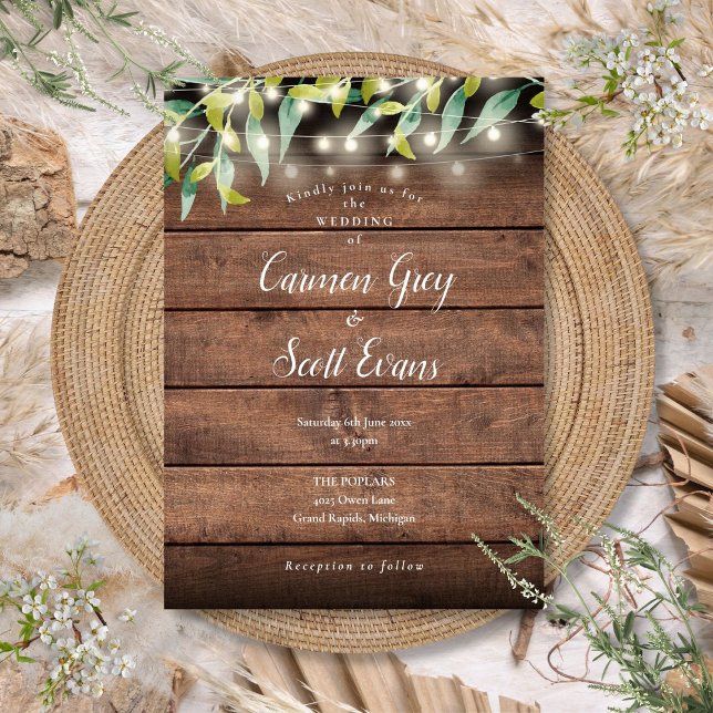 Rustic Wood Eucalyptus String Lights Wedding Invitation (Rustic Wood Eucalyptus String Lights Wedding Invitation)