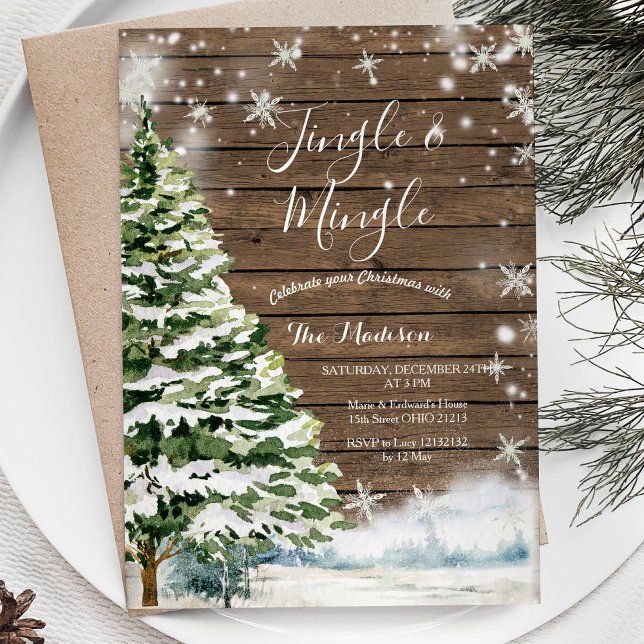 Rustic Wood Evergreen Jingle & Mingle Winter Party Invitation (Creator Uploaded)